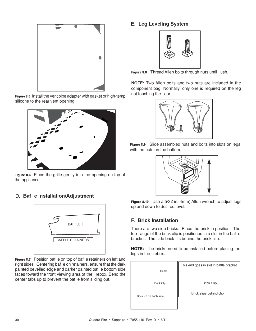 Quadra-Fire SAPPHIRE-D-PMH, SAPPHIRE-MBK owner manual Leg Leveling System, Bafﬂe Installation/Adjustment, Brick Installation 