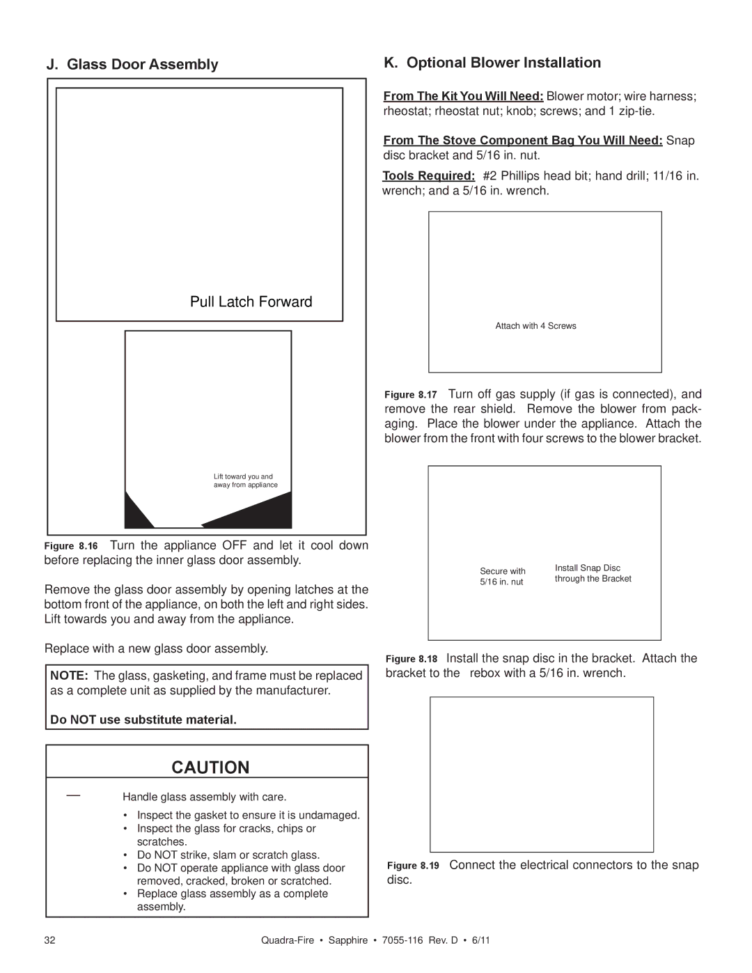 Quadra-Fire SAPPHIRE-MBK, SAPPHIRE-D-MBK Glass Door Assembly Optional Blower Installation, Do not use substitute material 