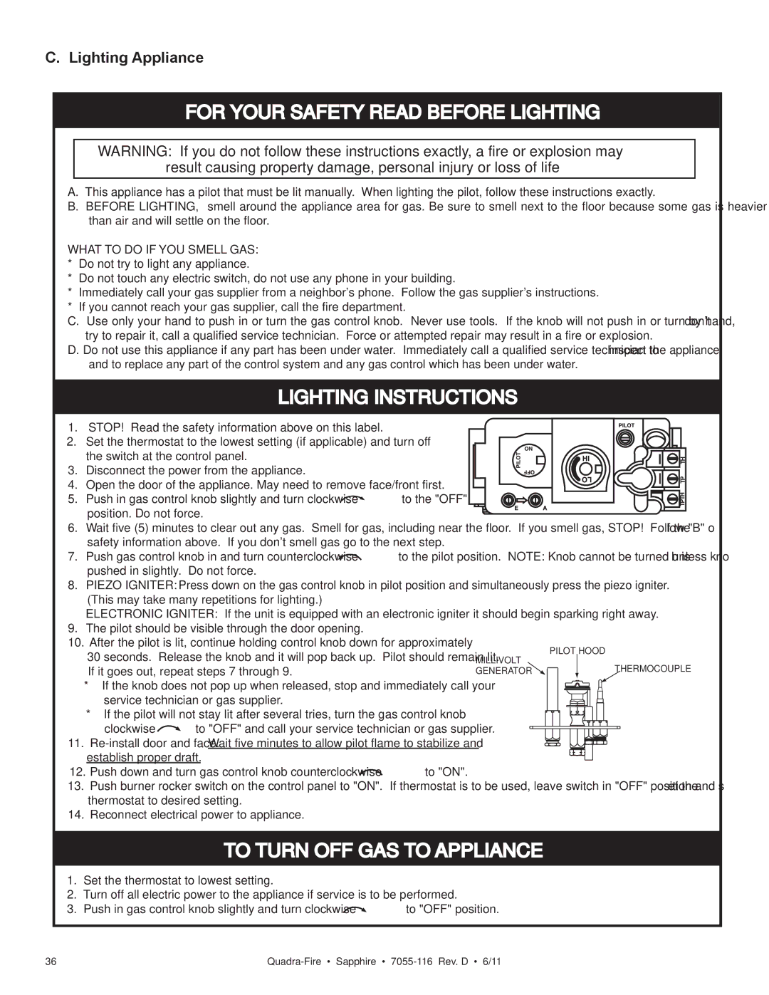 Quadra-Fire SAPPHIRE-MBK, SAPPHIRE-D-MBK, SAPPHIRE-D-PMH For Your Safety Read Before Lighting, Lighting Appliance 