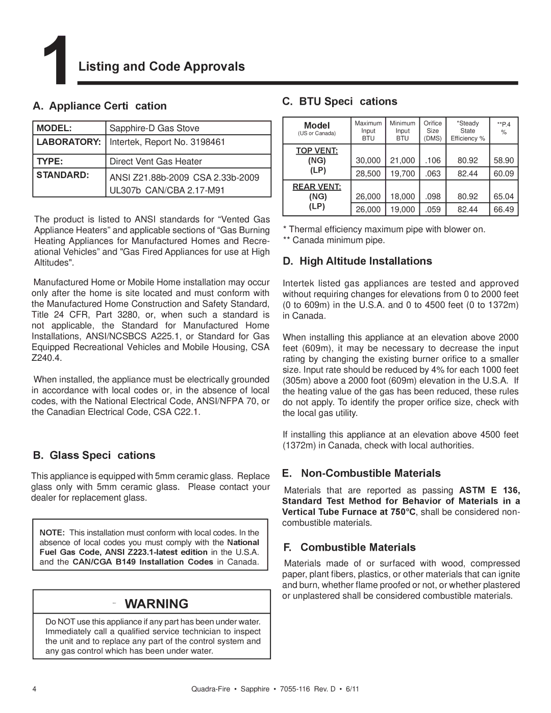 Quadra-Fire SAPPHIRE-MBK, SAPPHIRE-D-MBK, SAPPHIRE-D-PMH, SAPPHIRE-D-CSB owner manual 1Listing and Code Approvals 