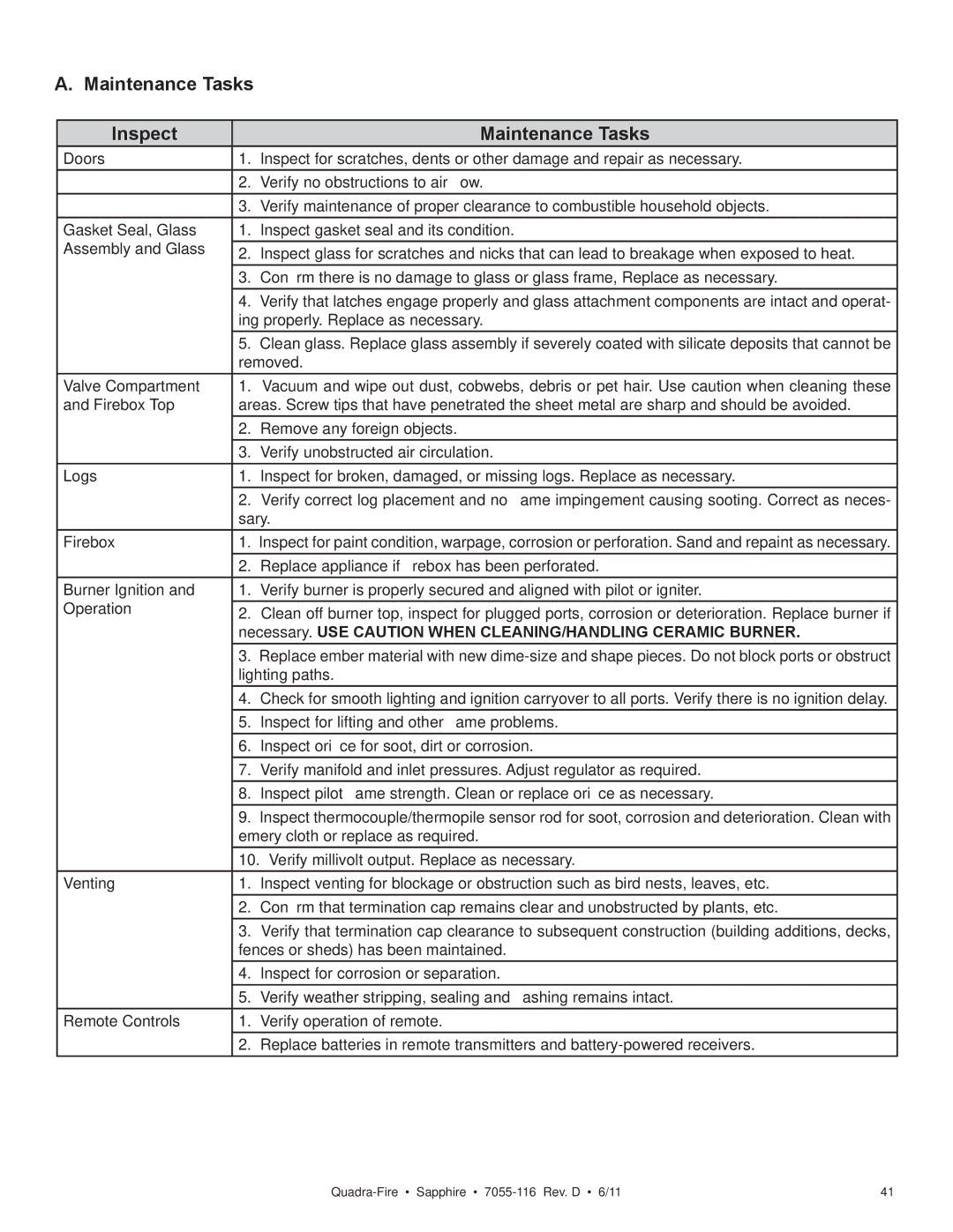 Quadra-Fire SAPPHIRE-D-MBK Maintenance Tasks Inspect, Necessary. USE Caution When CLEANING/HANDLING Ceramic Burner 