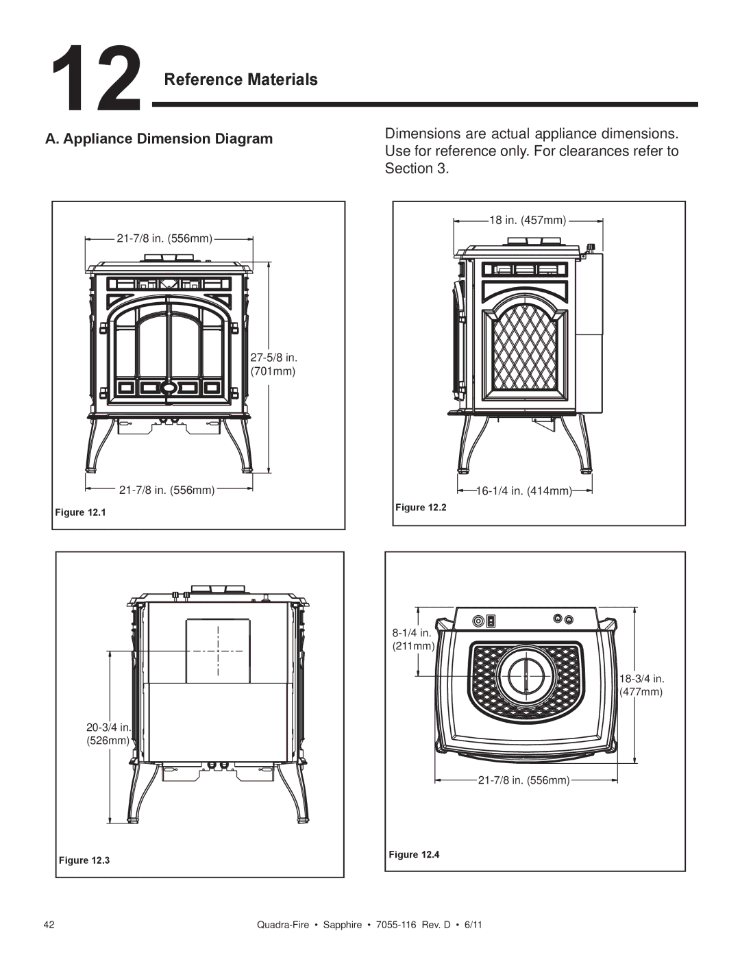 Quadra-Fire SAPPHIRE-D-PMH, SAPPHIRE-MBK, SAPPHIRE-D-MBK, SAPPHIRE-D-CSB Reference Materials, Appliance Dimension Diagram 