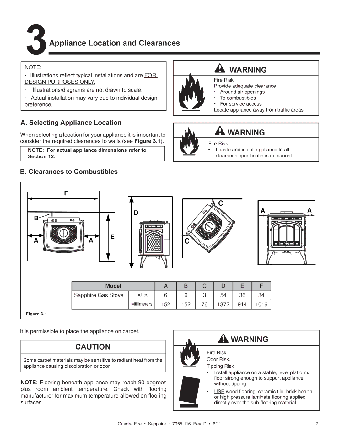 Quadra-Fire SAPPHIRE-D-CSB, SAPPHIRE-MBK Selecting Appliance Location, Clearances to Combustibles, Design Purposes only 