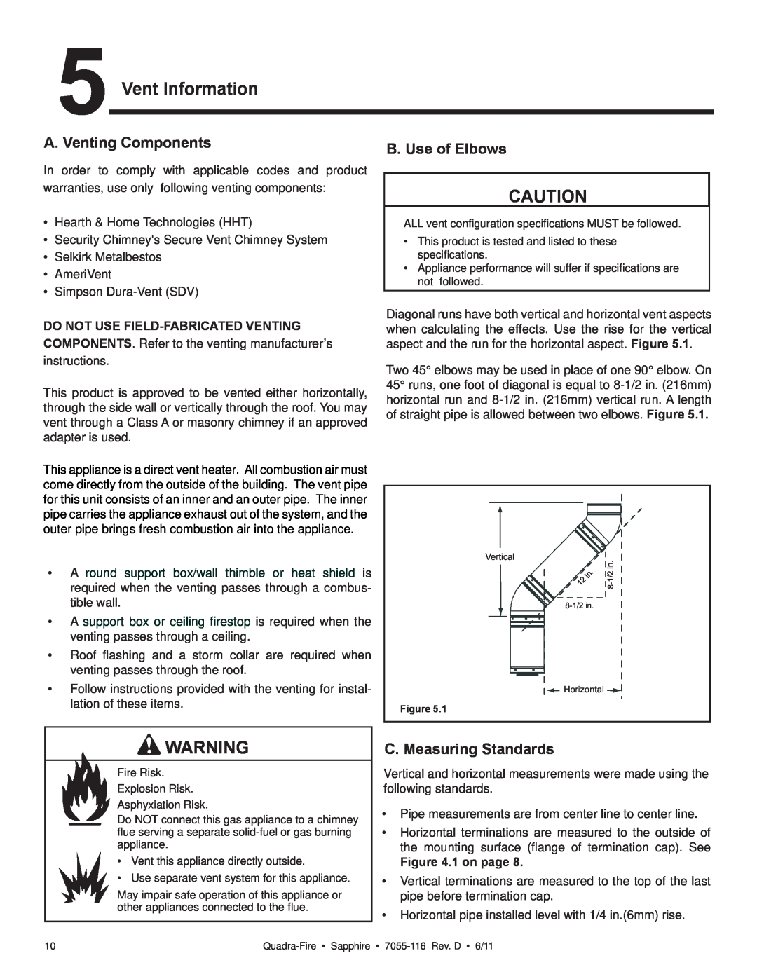 Quadra-Fire SAPPHIRE-D-PMH Vent Information, A. Venting Components, B. Use of Elbows, C. Measuring Standards, 1 on page 