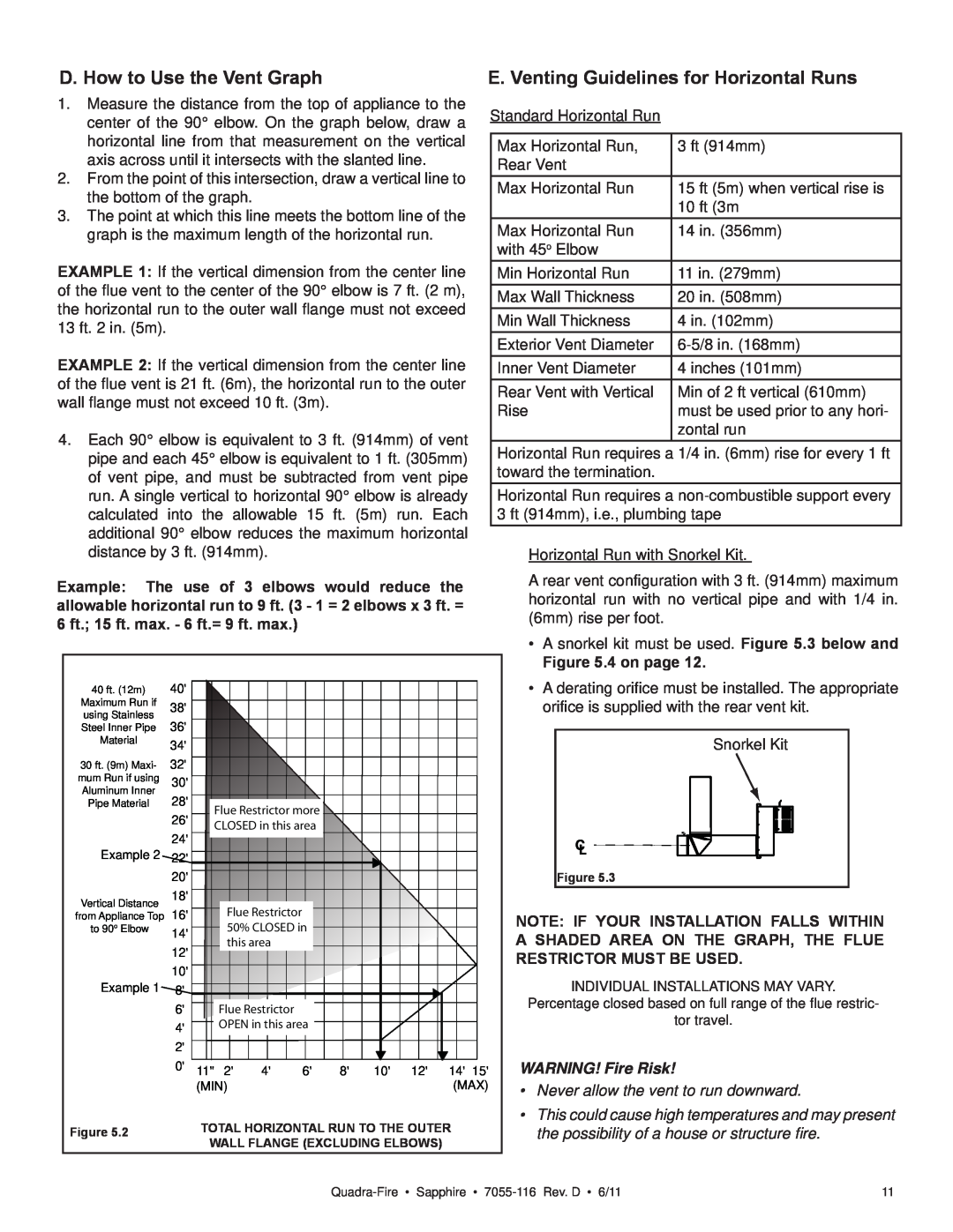 Quadra-Fire SAPPHIRE-D-CSB owner manual D. How to Use the Vent Graph, E. Venting Guidelines for Horizontal Runs, 4 on page 