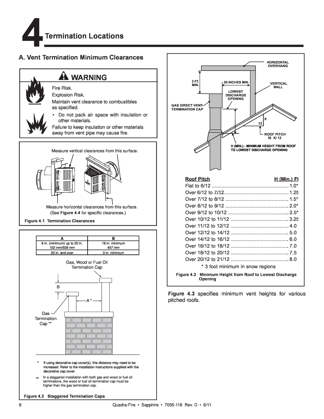 Quadra-Fire SAPPHIRE-MBK owner manual 4Termination Locations, A. Vent Termination Minimum Clearances, Roof Pitch, H Min. Ft 