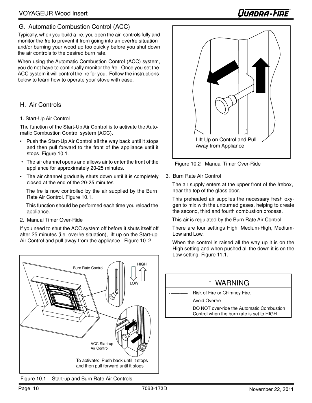 Quadra-Fire VOYAGEUR-PMH Voyageur Wood Insert Automatic Combustion Control ACC, Air Controls, Start-Up Air Control 