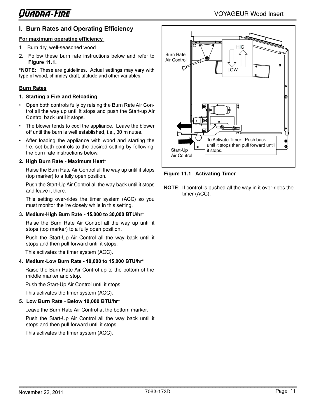 Quadra-Fire VOYAGEUR-MBK, VOYAGEUR-PMH owner manual Voyageur Wood Insert Burn Rates and Operating Efﬁ ciency 