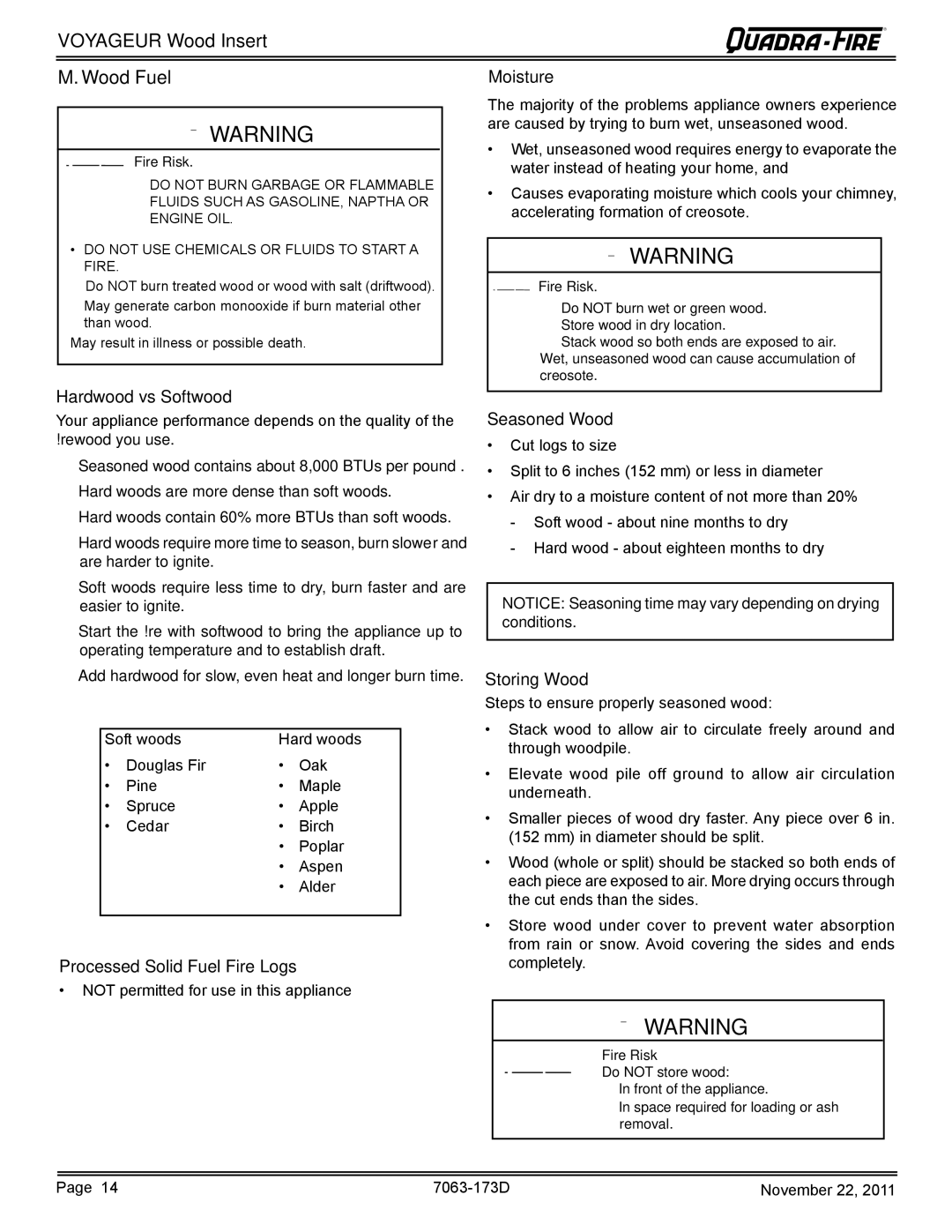 Quadra-Fire VOYAGEUR-PMH, VOYAGEUR-MBK owner manual Voyageur Wood Insert Wood Fuel, Hardwood vs Softwood Moisture 