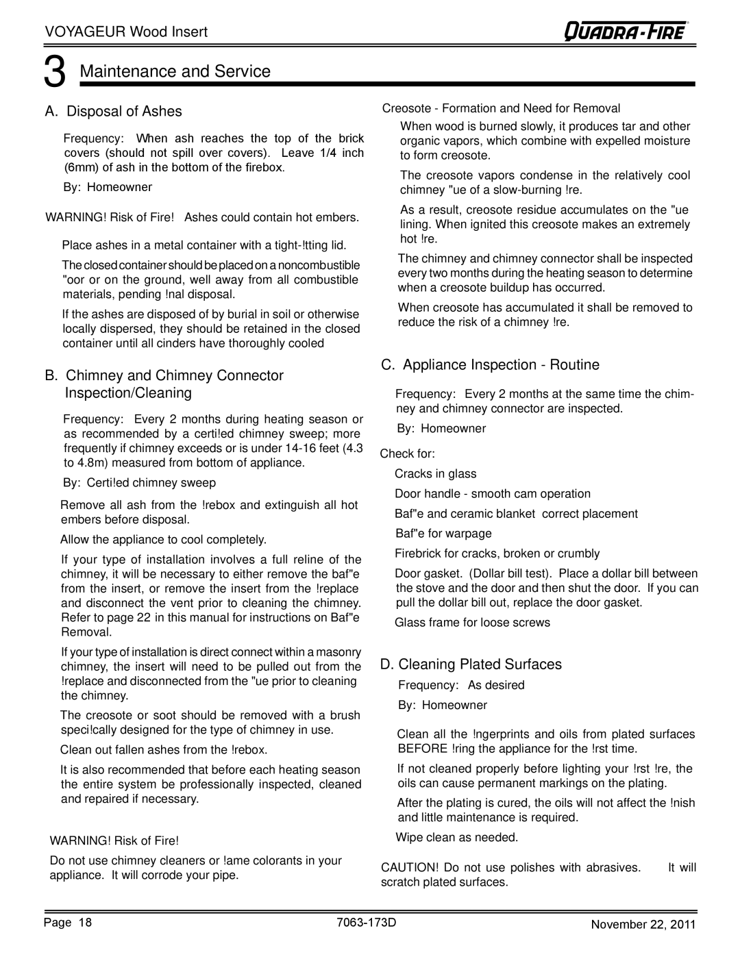 Quadra-Fire VOYAGEUR-PMH Maintenance and Service, Disposal of Ashes, Chimney and Chimney Connector Inspection/Cleaning 