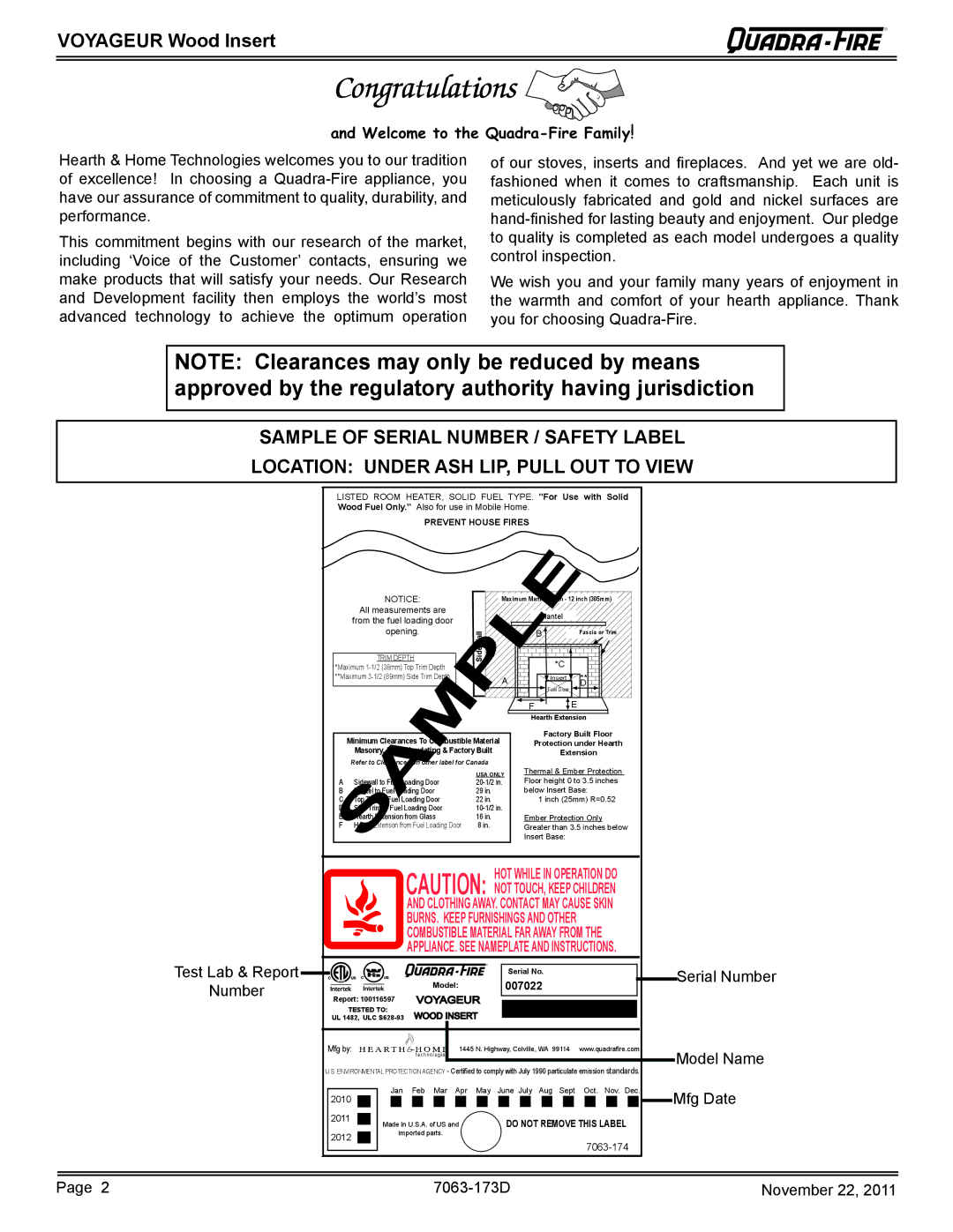 Quadra-Fire VOYAGEUR-PMH, VOYAGEUR-MBK owner manual Voyageur Wood Insert, Serial Number, Model Name, Mfg Date 