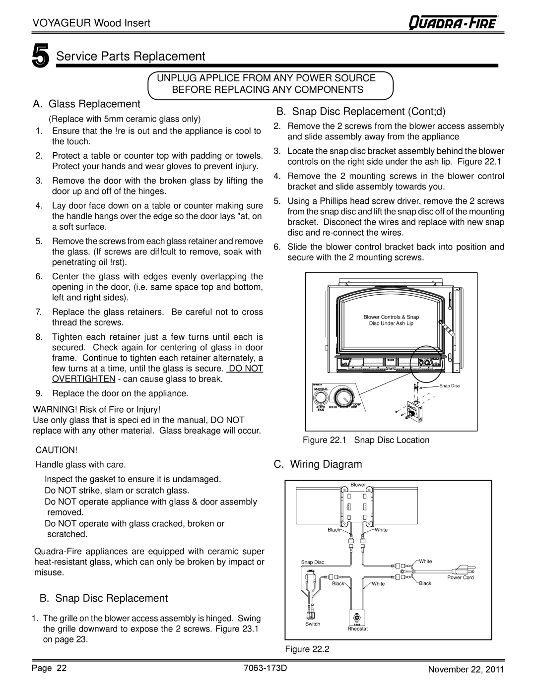 Quadra-Fire VOYAGEUR-PMH Service Parts Replacement, Glass Replacement, Snap Disc Replacement Contd, Wiring Diagram 