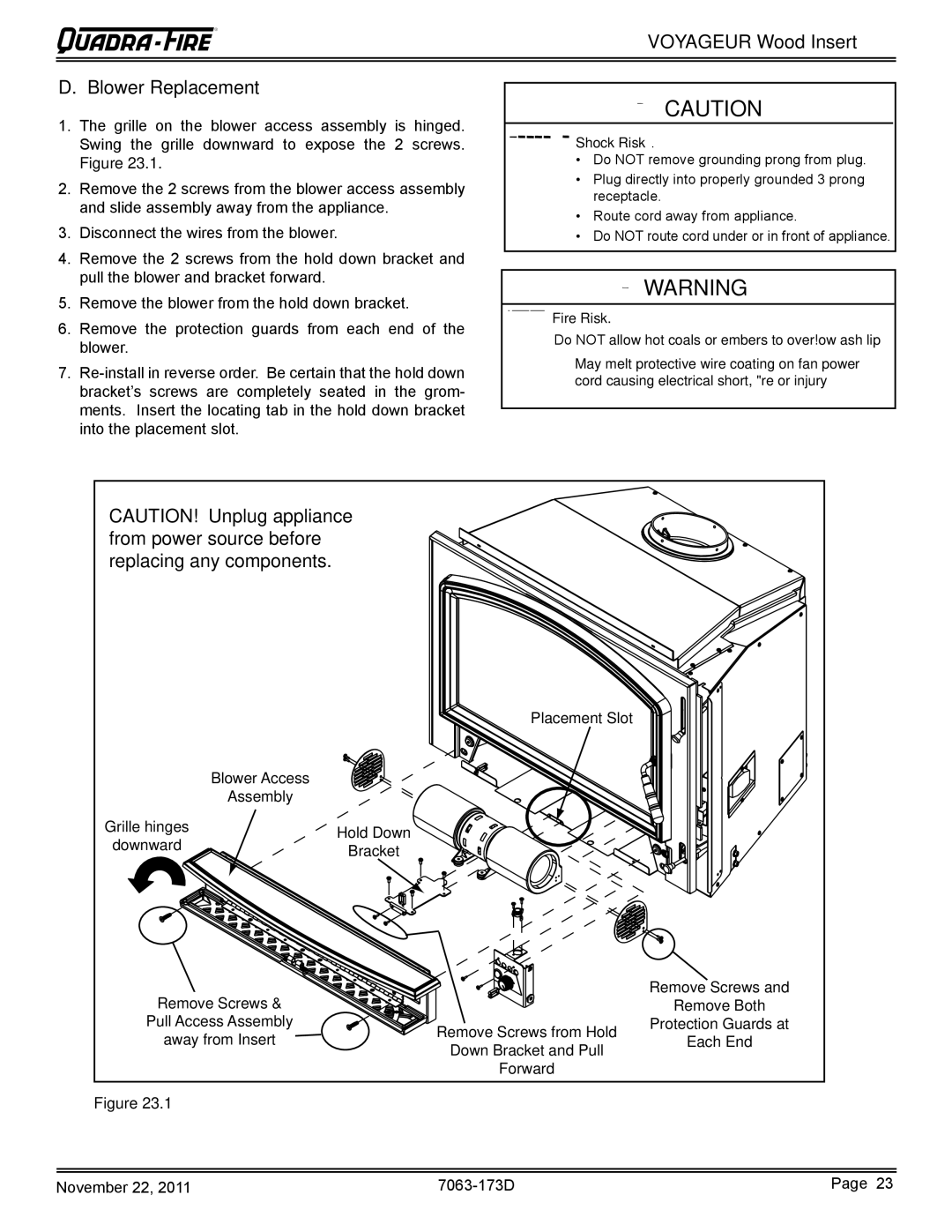 Quadra-Fire VOYAGEUR-MBK, VOYAGEUR-PMH owner manual Voyageur Wood Insert Blower Replacement, Shock Risk 