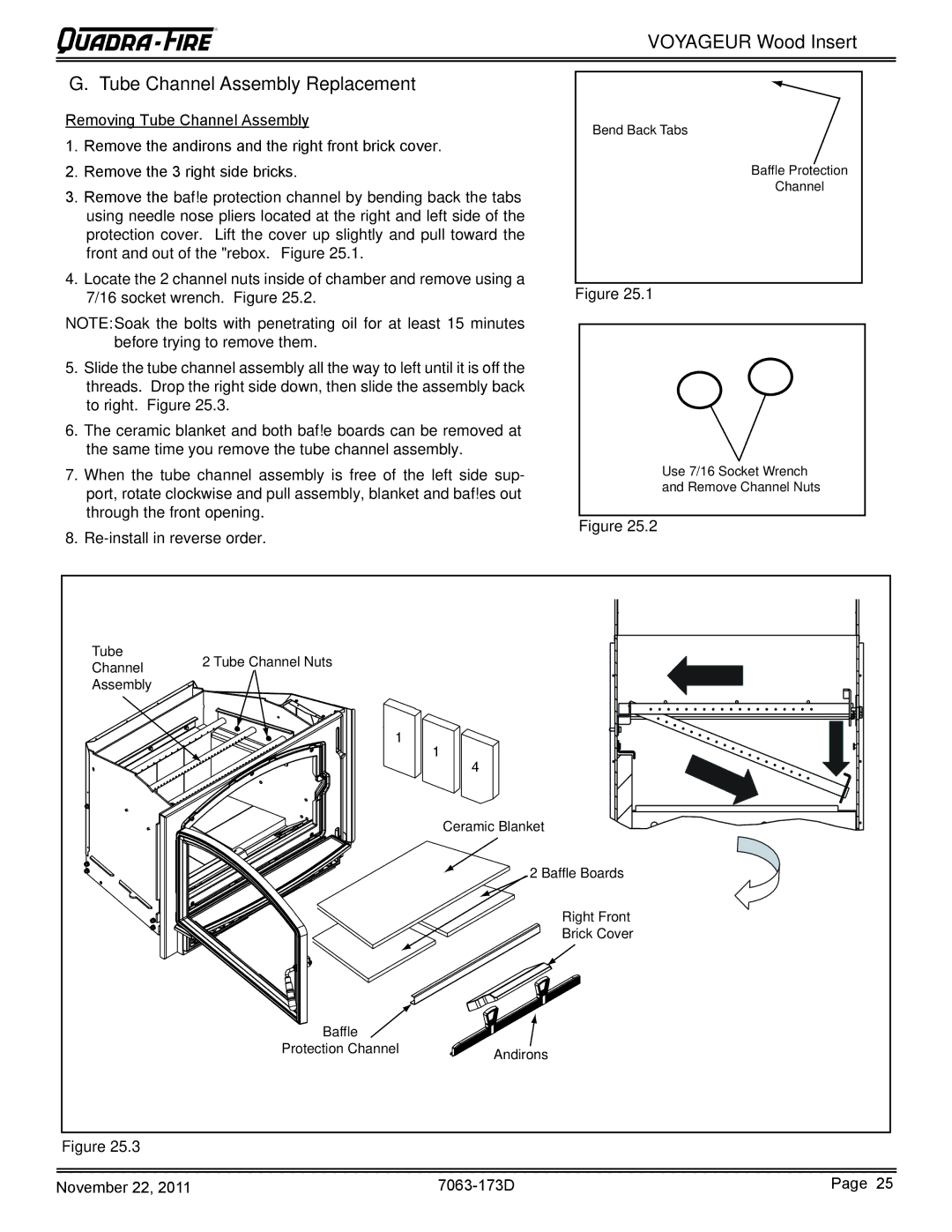 Quadra-Fire VOYAGEUR-MBK, VOYAGEUR-PMH owner manual Voyageur Wood Insert Tube Channel Assembly Replacement 