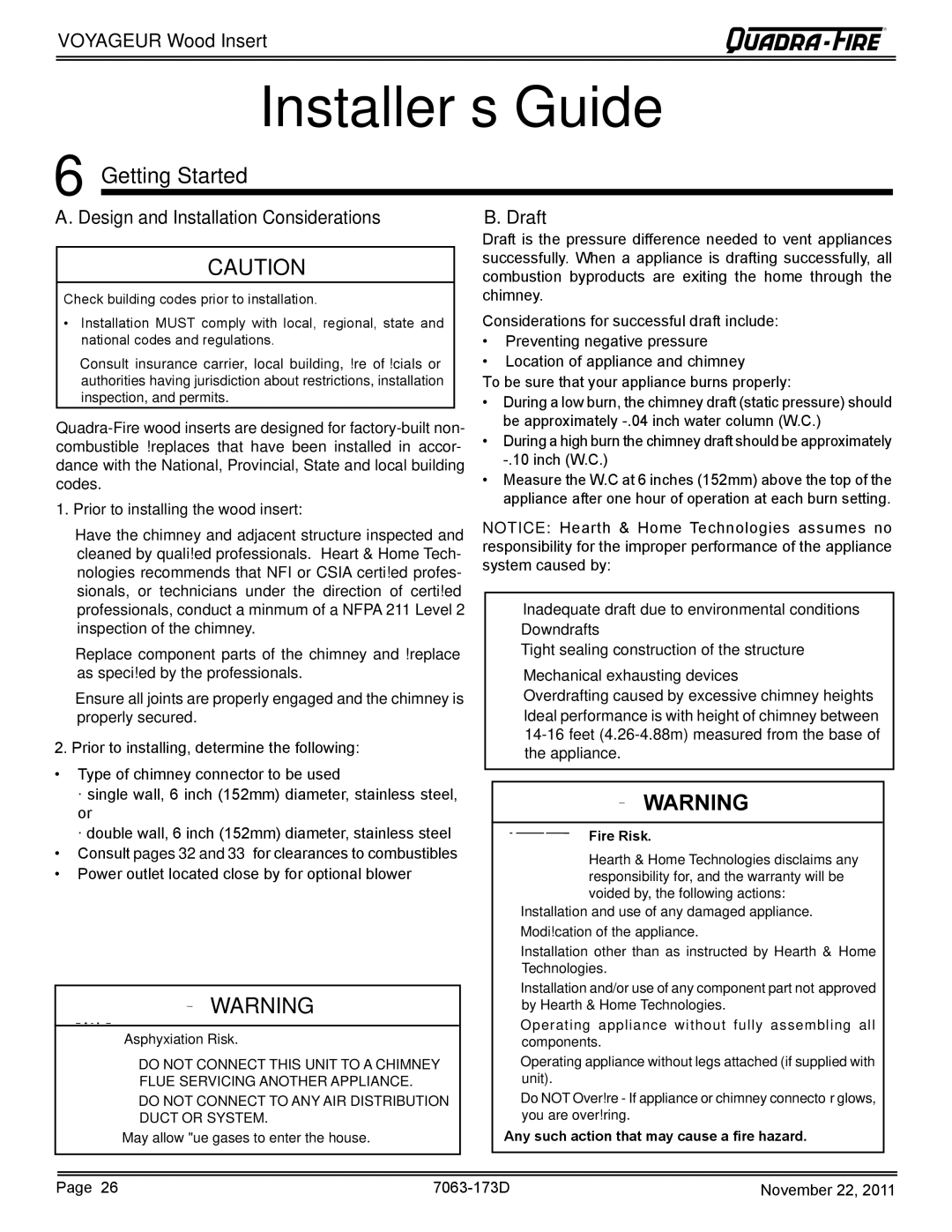 Quadra-Fire VOYAGEUR-PMH, VOYAGEUR-MBK owner manual Getting Started, Design and Installation Considerations, Draft 