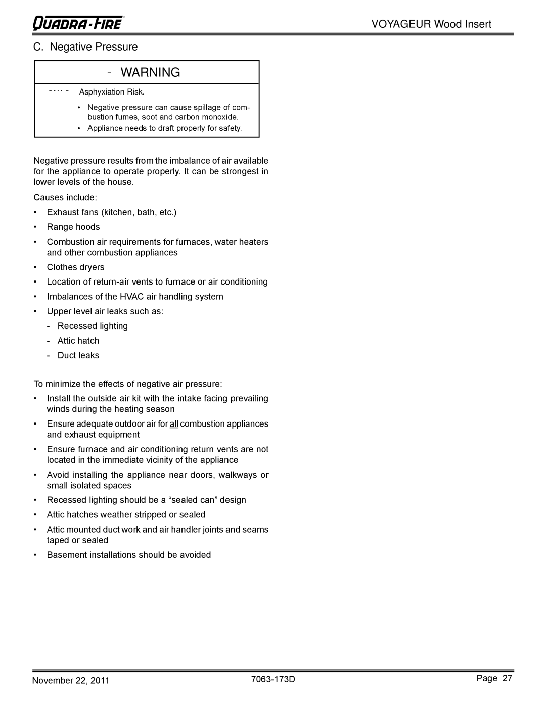 Quadra-Fire VOYAGEUR-MBK, VOYAGEUR-PMH owner manual Voyageur Wood Insert Negative Pressure 