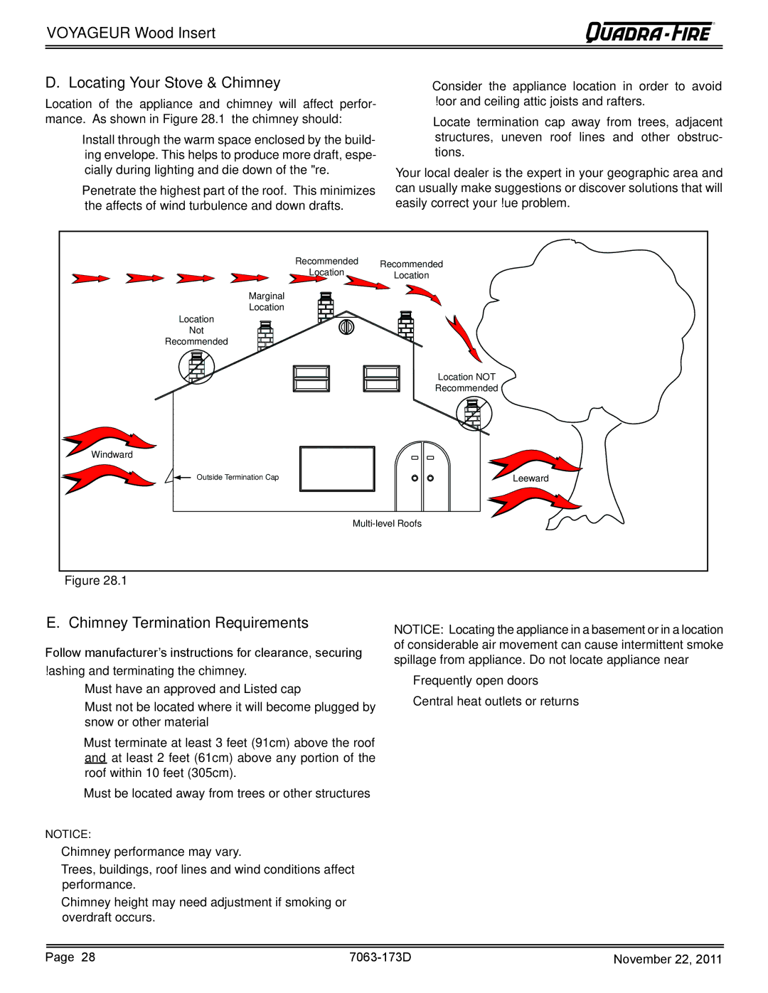 Quadra-Fire VOYAGEUR-PMH owner manual Voyageur Wood Insert Locating Your Stove & Chimney, Chimney Termination Requirements 