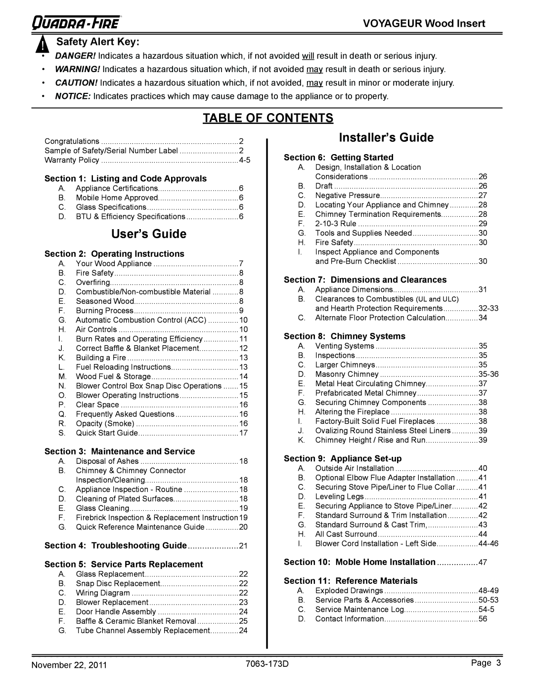 Quadra-Fire VOYAGEUR-MBK, VOYAGEUR-PMH owner manual Table of Contents 