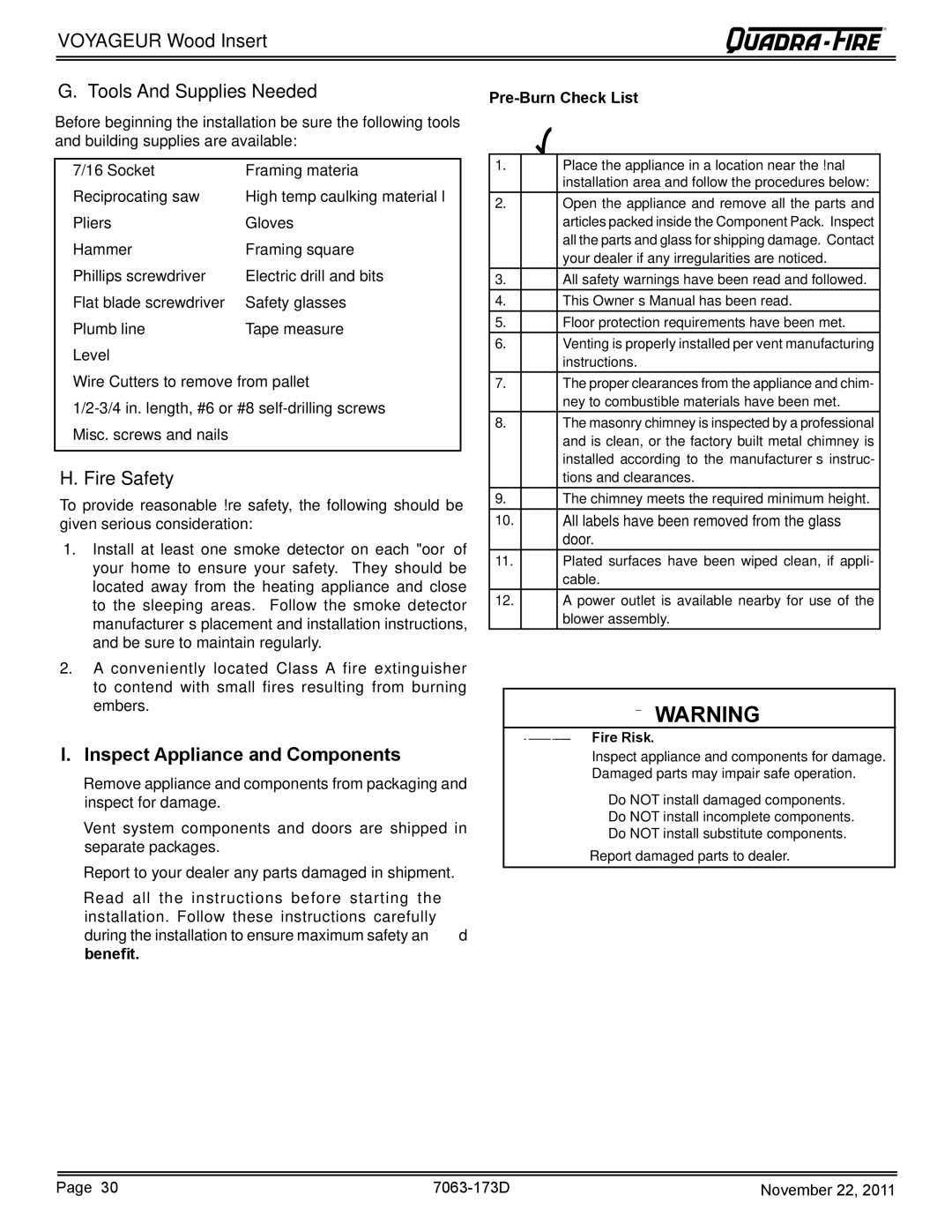 Quadra-Fire VOYAGEUR-PMH, VOYAGEUR-MBK Voyageur Wood Insert Tools And Supplies Needed, Inspect Appliance and Components 