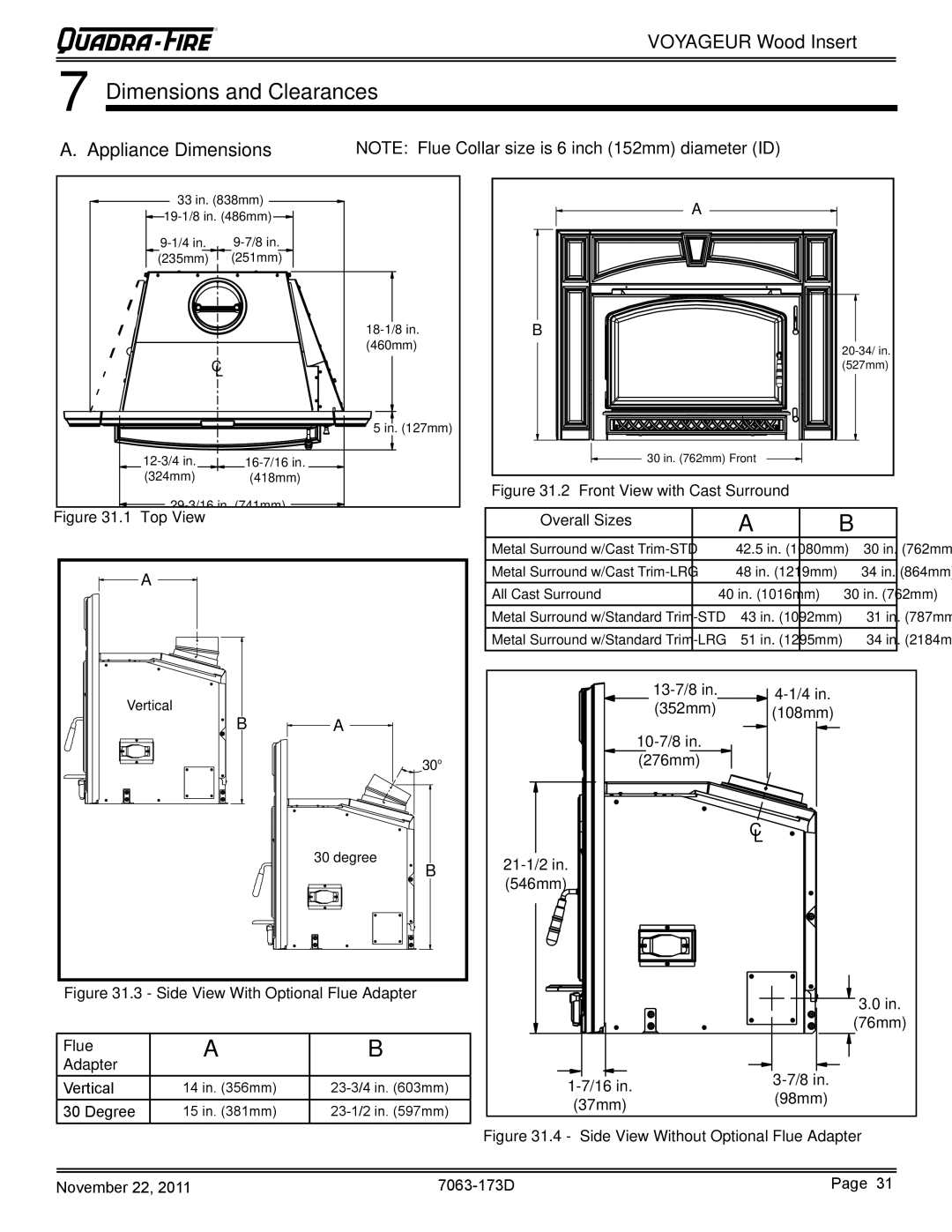 Quadra-Fire VOYAGEUR-MBK, VOYAGEUR-PMH owner manual Dimensions and Clearances, Appliance Dimensions 