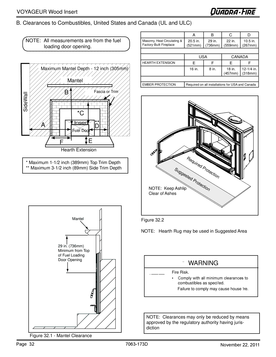 Quadra-Fire VOYAGEUR-PMH, VOYAGEUR-MBK owner manual Maximum Mantel Depth 12 inch 305mm 