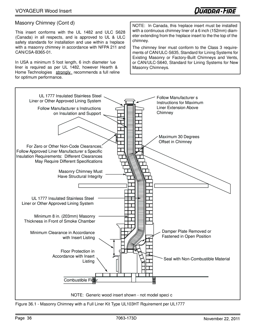 Quadra-Fire VOYAGEUR-PMH, VOYAGEUR-MBK owner manual Voyageur Wood Insert Masonry Chimney Cont’d 