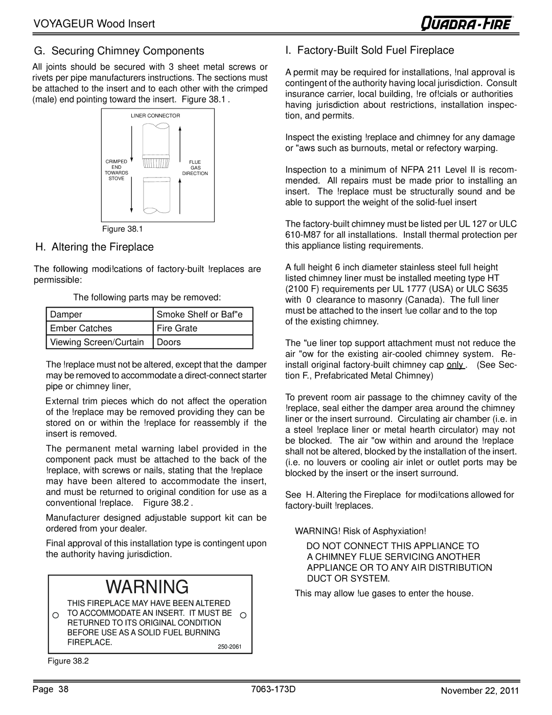 Quadra-Fire VOYAGEUR-PMH, VOYAGEUR-MBK owner manual Voyageur Wood Insert Securing Chimney Components, Altering the Fireplace 