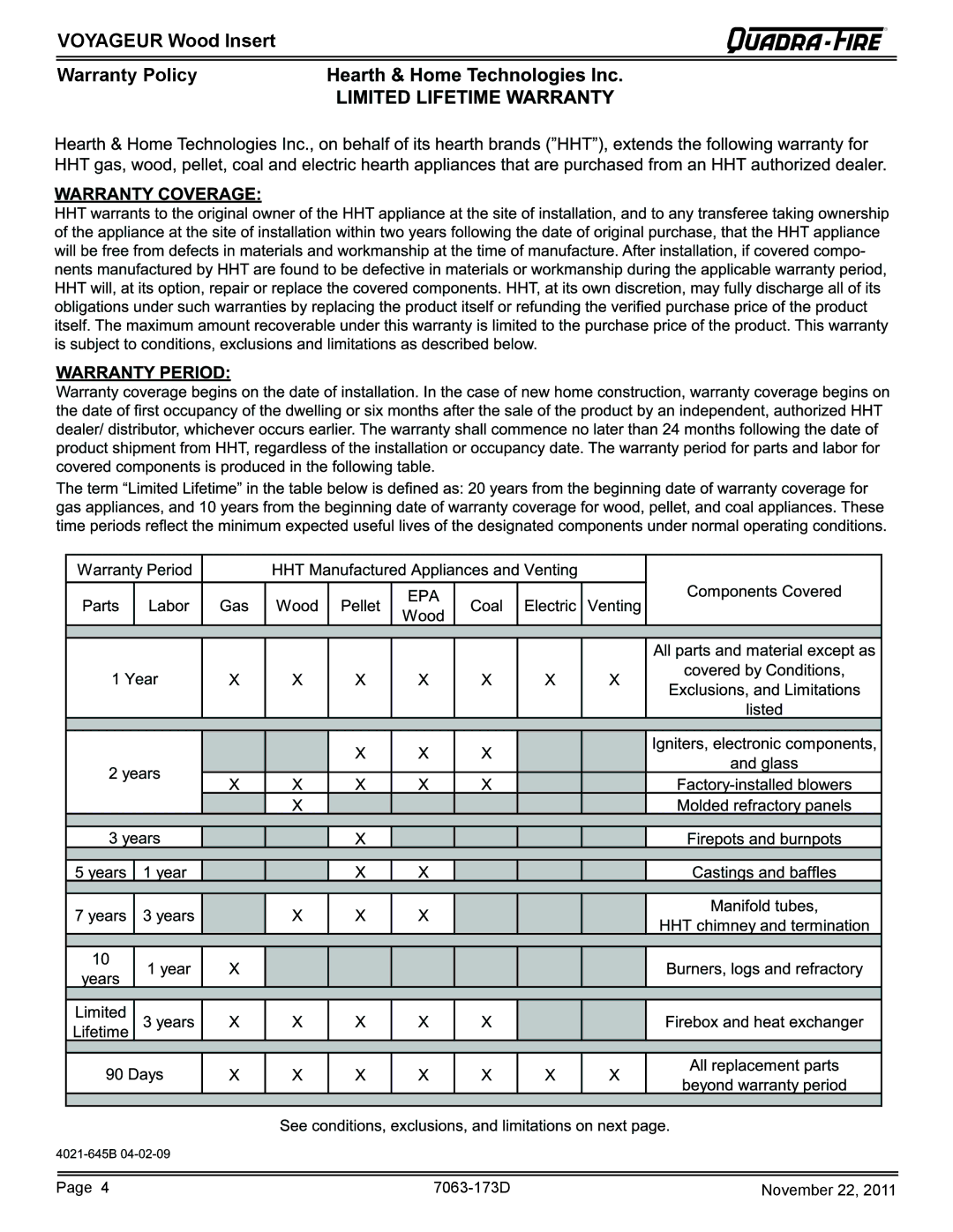 Quadra-Fire VOYAGEUR-PMH, VOYAGEUR-MBK owner manual Voyageur Wood Insert Warranty Policy 