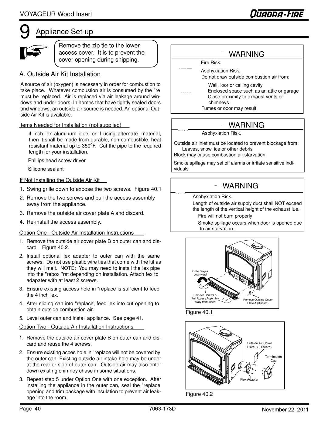 Quadra-Fire VOYAGEUR-PMH, VOYAGEUR-MBK owner manual Appliance Set-up, Outside Air Kit Installation 