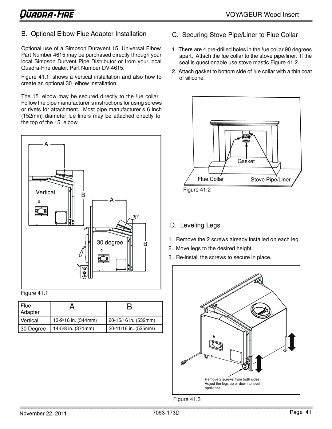 Quadra-Fire VOYAGEUR-MBK, VOYAGEUR-PMH owner manual Leveling Legs, Flue Adapter 