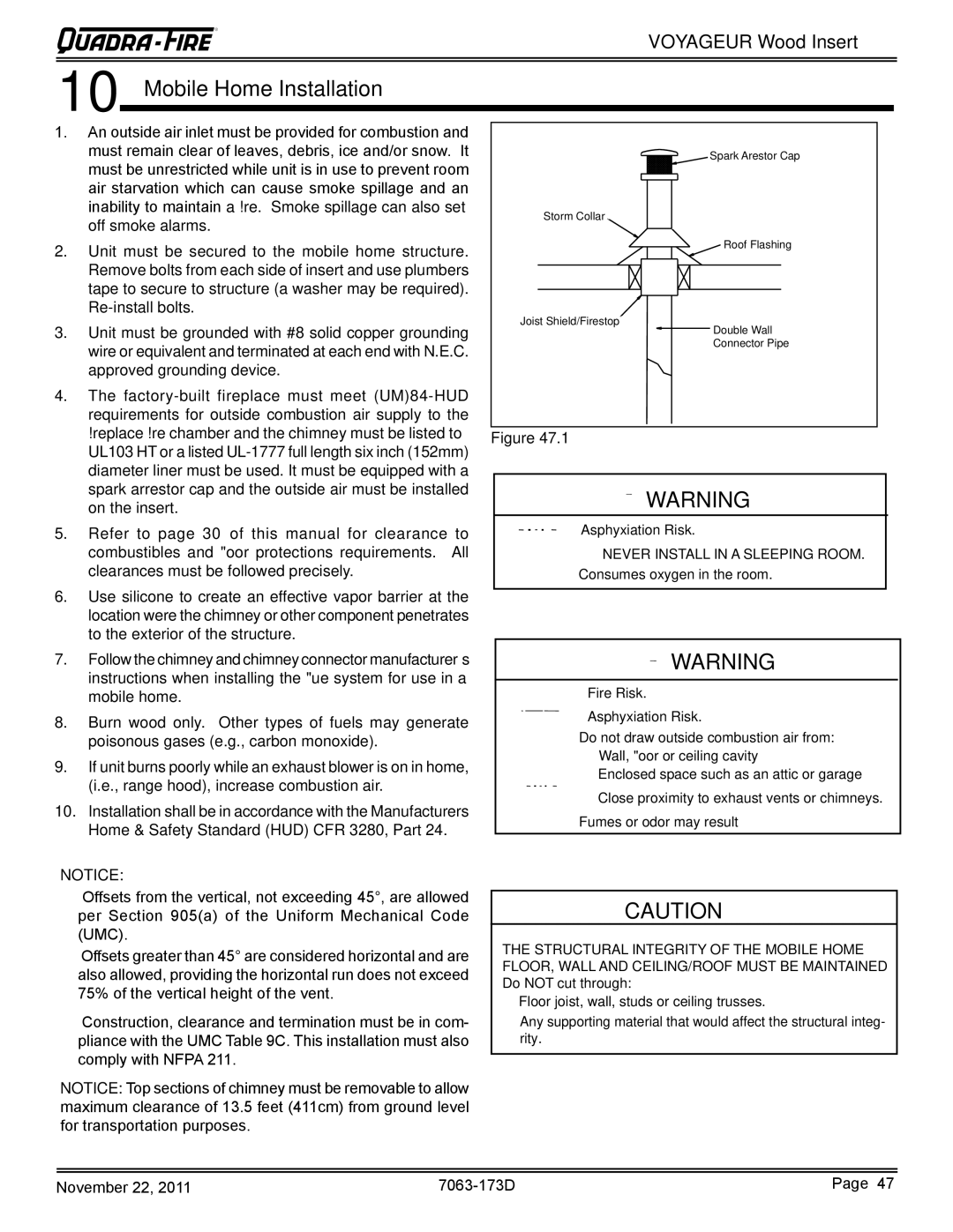 Quadra-Fire VOYAGEUR-MBK, VOYAGEUR-PMH owner manual Mobile Home Installation 