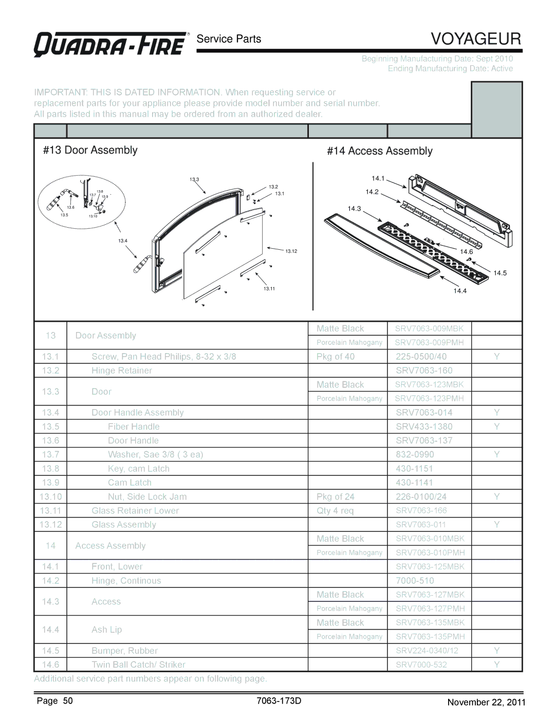 Quadra-Fire VOYAGEUR-PMH, VOYAGEUR-MBK owner manual Stocked at Depot #13 Door Assembly, #14 Access Assembly 