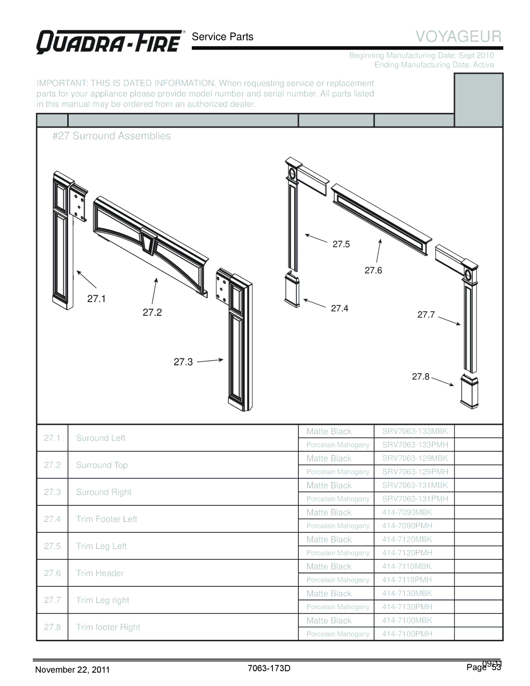 Quadra-Fire VOYAGEUR-MBK, VOYAGEUR-PMH owner manual #27 Surround Assemblies, 27.6 