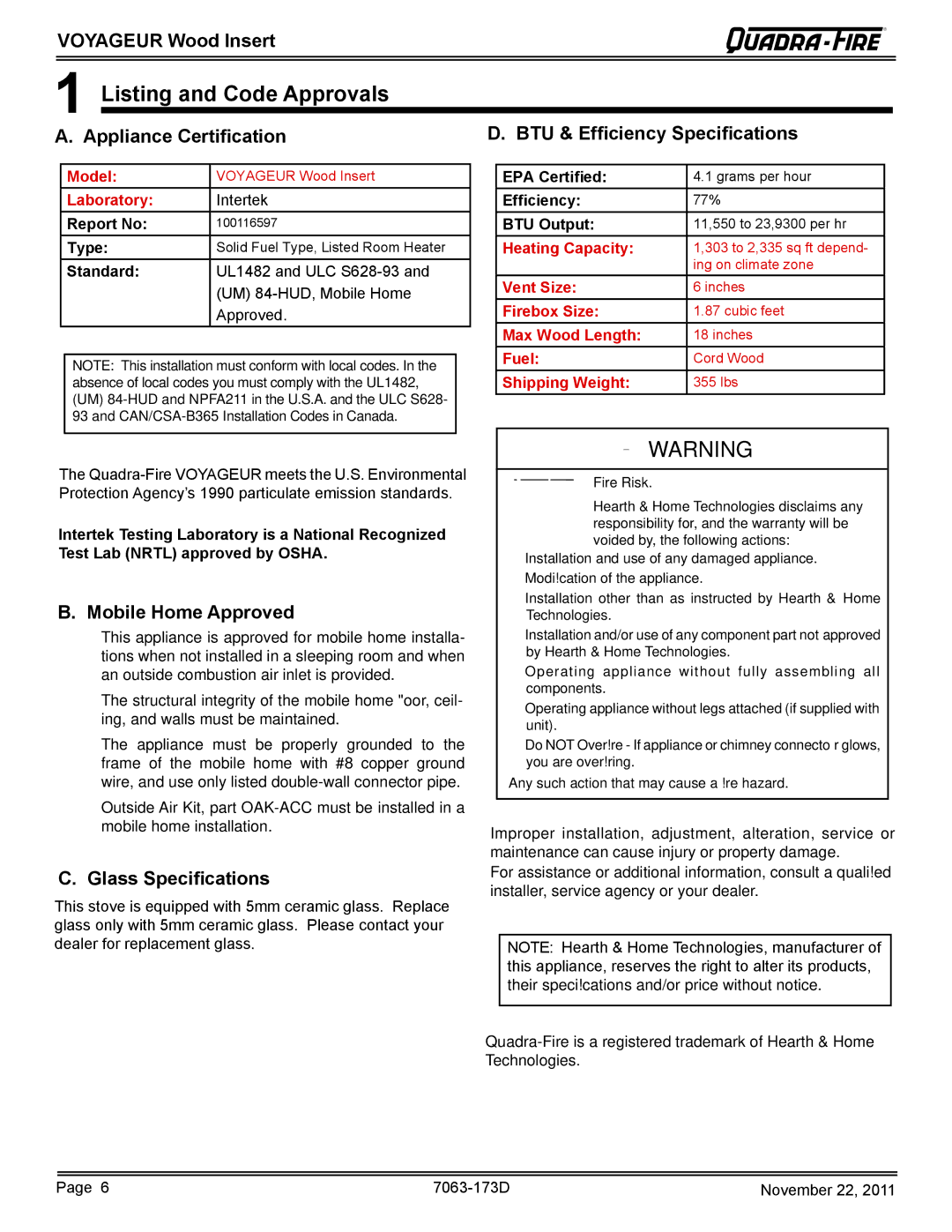 Quadra-Fire VOYAGEUR-PMH owner manual Listing and Code Approvals, Appliance Certiﬁ cation, BTU & Efﬁ ciency Speciﬁ cations 