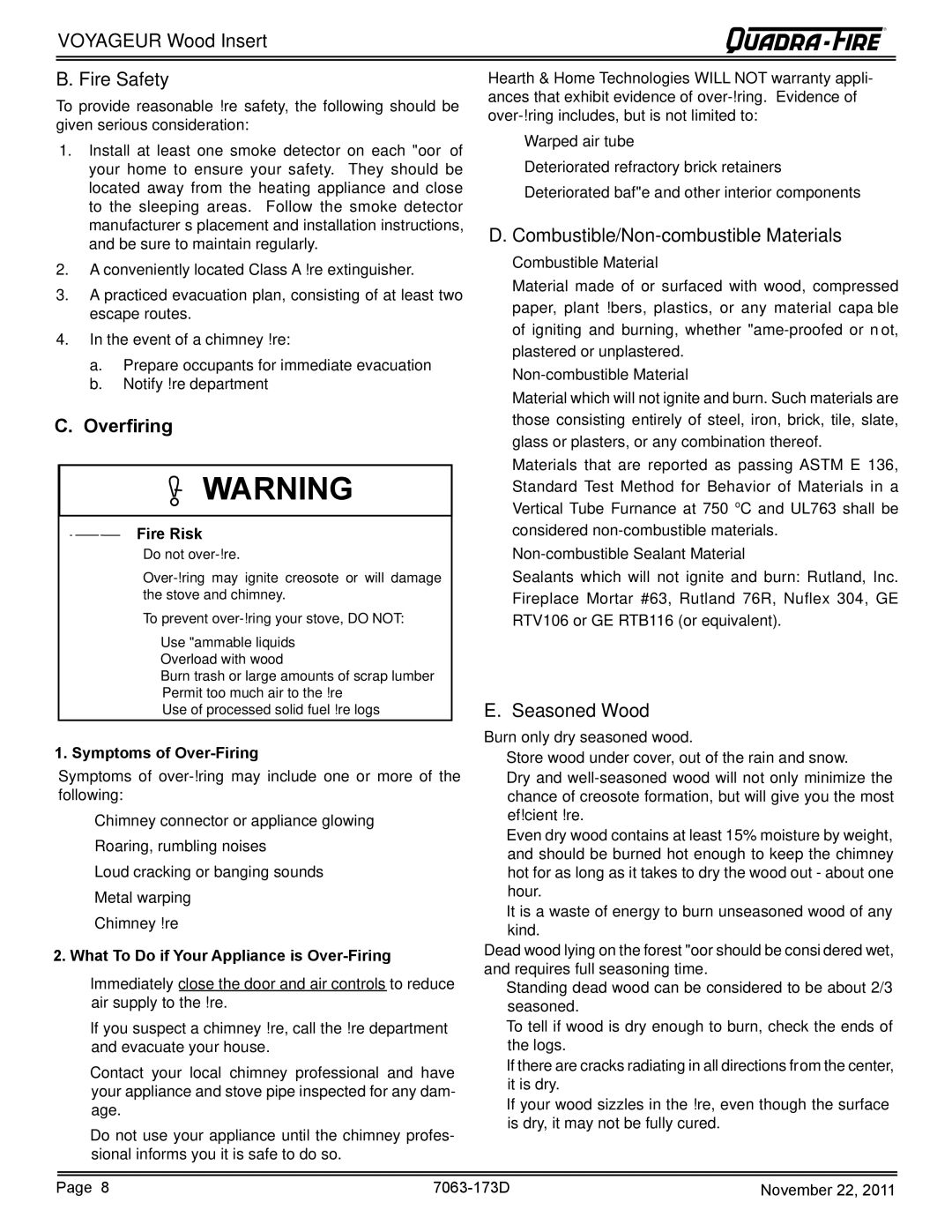 Quadra-Fire VOYAGEUR-PMH, VOYAGEUR-MBK Voyageur Wood Insert Fire Safety, Overﬁ ring, Combustible/Non-combustible Materials 