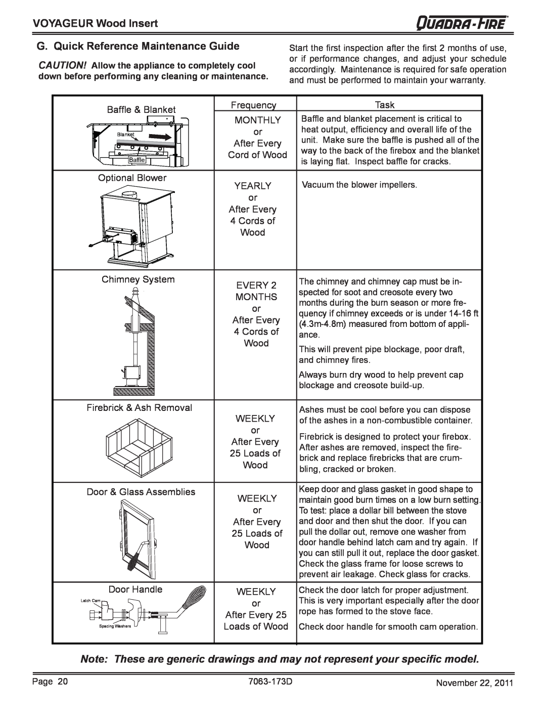 Quadra-Fire VOYAGEUR-PMH, VOYAGEUR-MBK owner manual G. Quick Reference Maintenance Guide, VOYAGEUR Wood Insert 