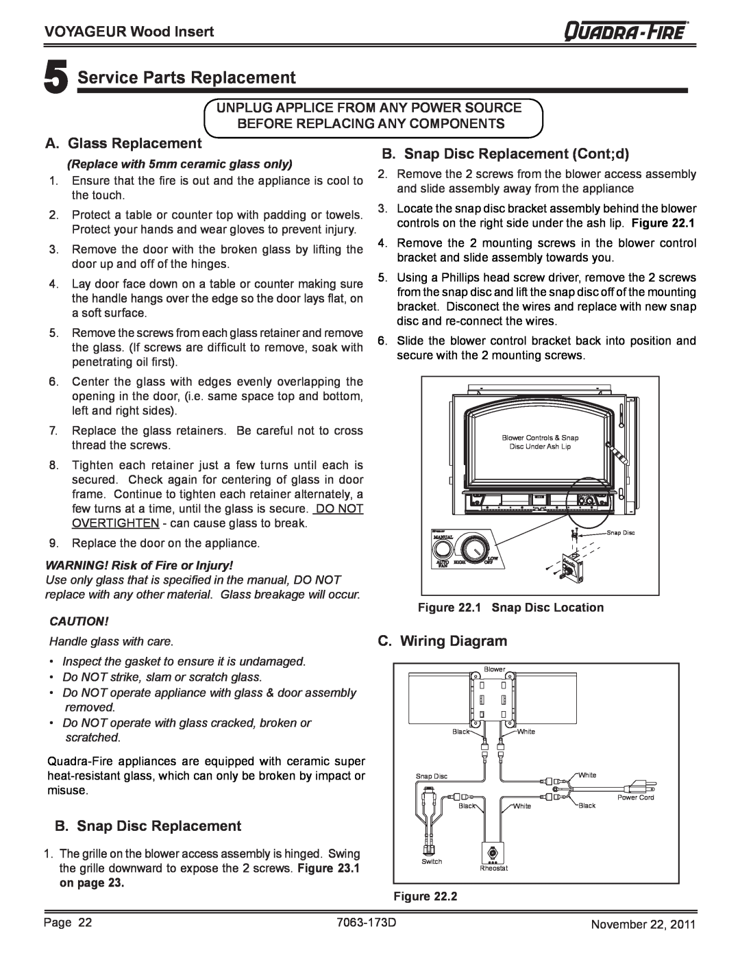 Quadra-Fire VOYAGEUR-PMH 5Service Parts Replacement, A. Glass Replacement, B.Snap Disc Replacement Cont;d, Figure 