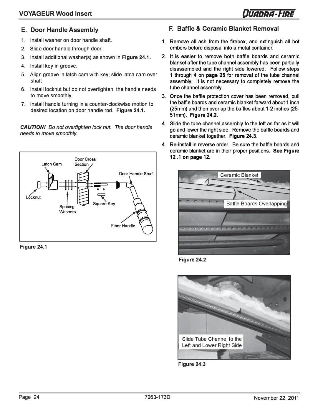 Quadra-Fire VOYAGEUR-PMH E. Door Handle Assembly, F. Bafﬂ e & Ceramic Blanket Removal, VOYAGEUR Wood Insert, Figure 