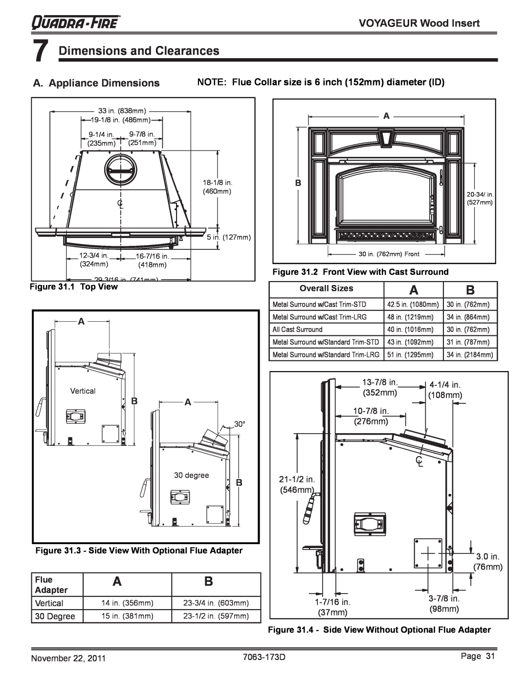 Quadra-Fire VOYAGEUR-MBK 7Dimensions and Clearances, A. Appliance Dimensions, VOYAGEUR Wood Insert, 1 Top View, Flue 