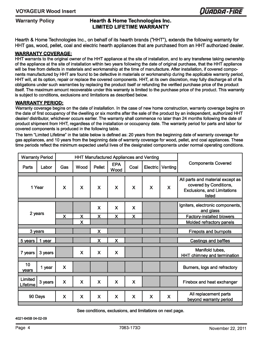 Quadra-Fire VOYAGEUR-PMH, VOYAGEUR-MBK owner manual VOYAGEUR Wood Insert Warranty Policy, Page, 7063-173D, November 22 