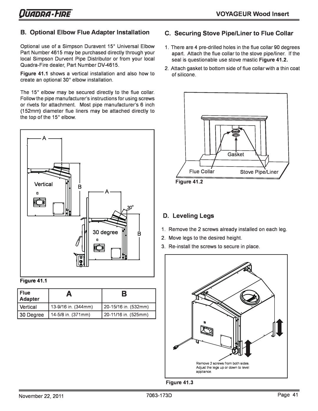 Quadra-Fire VOYAGEUR-MBK B. Optional Elbow Flue Adapter Installation, C. Securing Stove Pipe/Liner to Flue Collar, Figure 