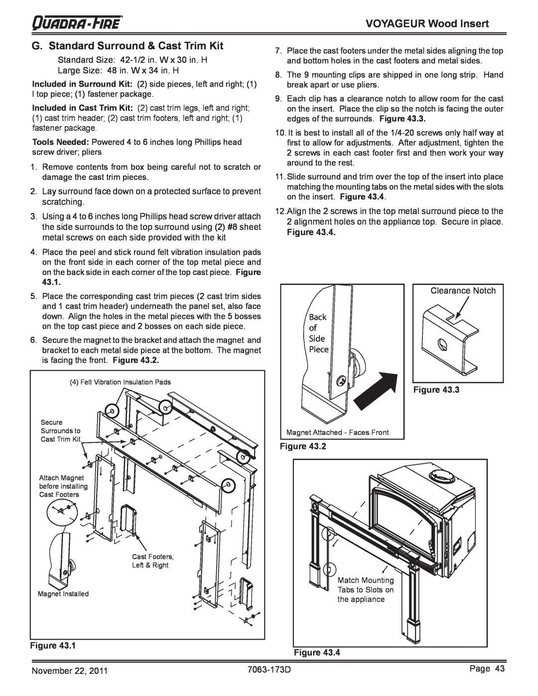 Quadra-Fire VOYAGEUR-MBK, VOYAGEUR-PMH owner manual G. Standard Surround & Cast Trim Kit, VOYAGEUR Wood Insert, Figure 