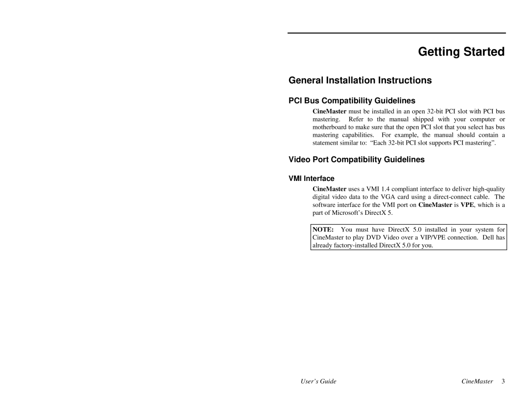 Quadrant tech C-1.2D Getting Started, General Installation Instructions, PCI Bus Compatibility Guidelines, VMI Interface 