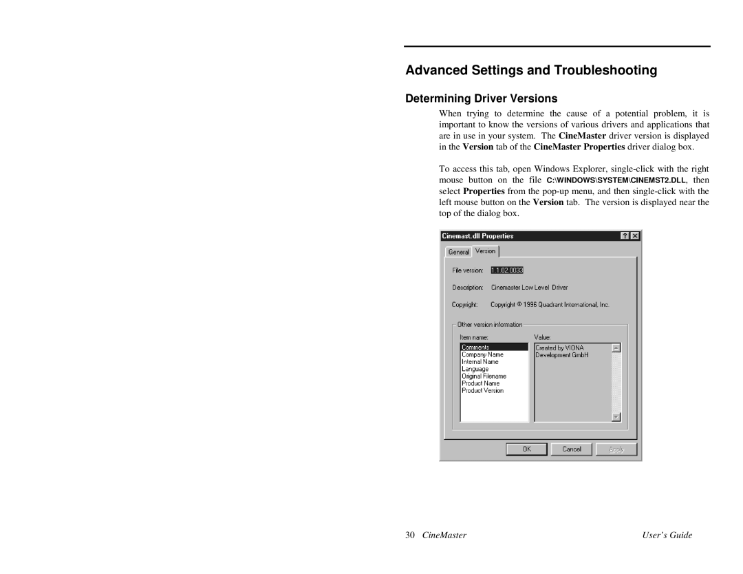 Quadrant tech C-1.2D manual Advanced Settings and Troubleshooting, Determining Driver Versions 