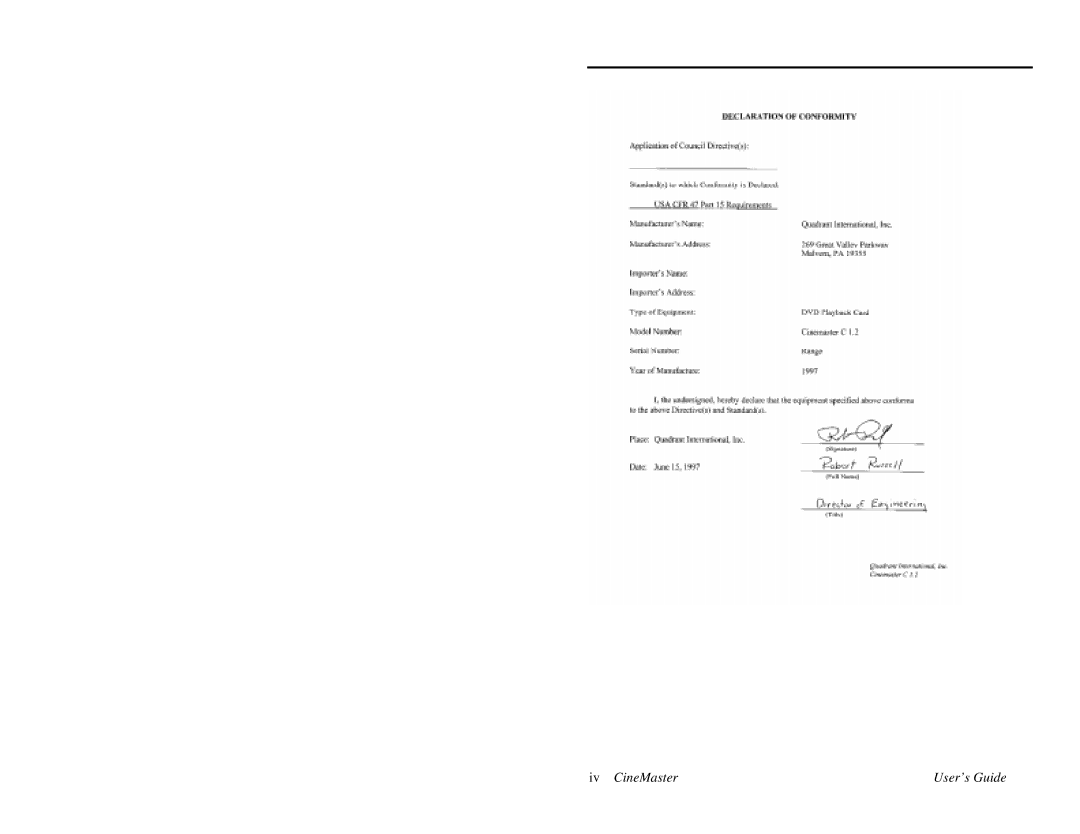 Quadrant tech C-1.2D manual Iv CineMaster User’s Guide 