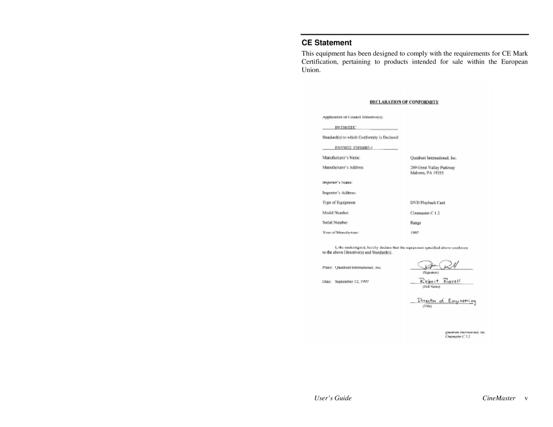 Quadrant tech C-1.2D manual CE Statement 