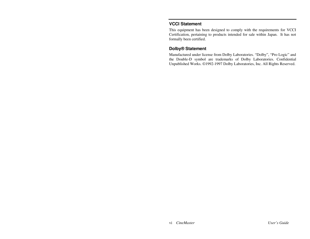 Quadrant tech C-1.2D manual Vcci Statement, Dolby Statement 