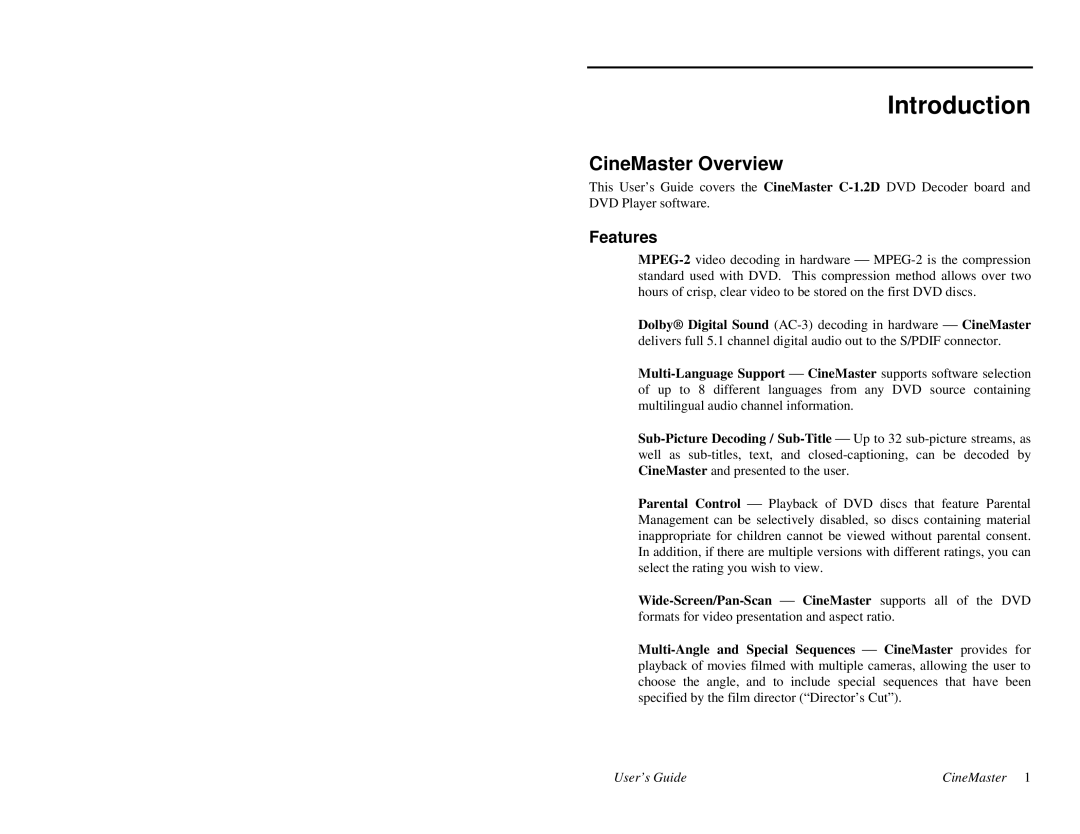 Quadrant tech C-1.2D manual Introduction, CineMaster Overview, Features 