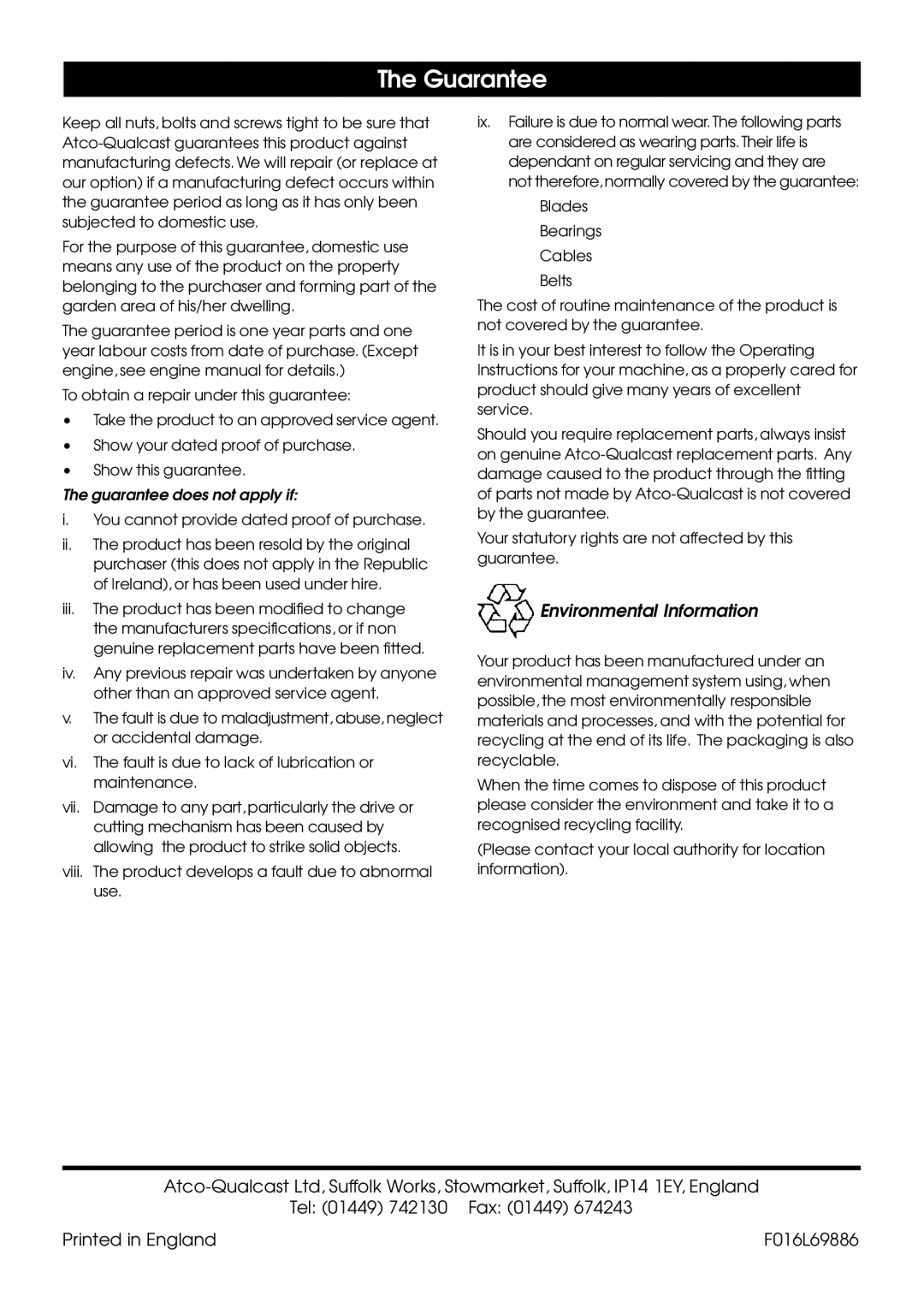 Qualcast 16/18 manual Environmental Information, Guarantee does not apply if 