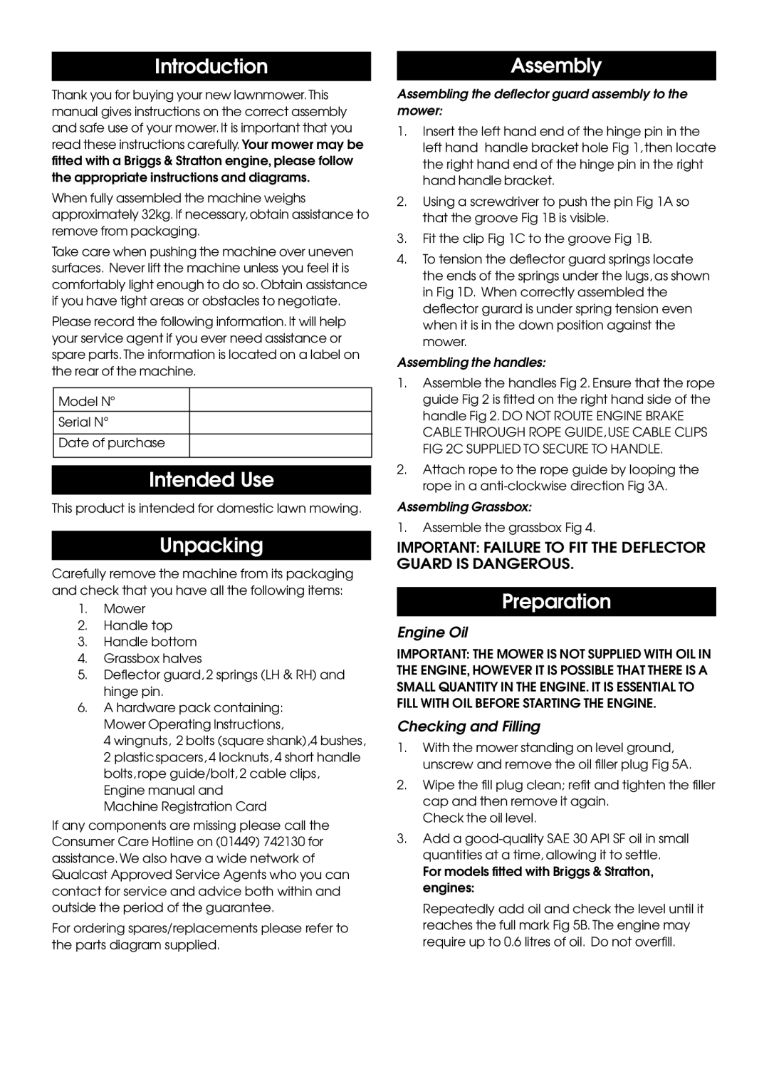 Qualcast 16/18 manual Introduction, Intended Use, Unpacking, Assembly, Preparation 